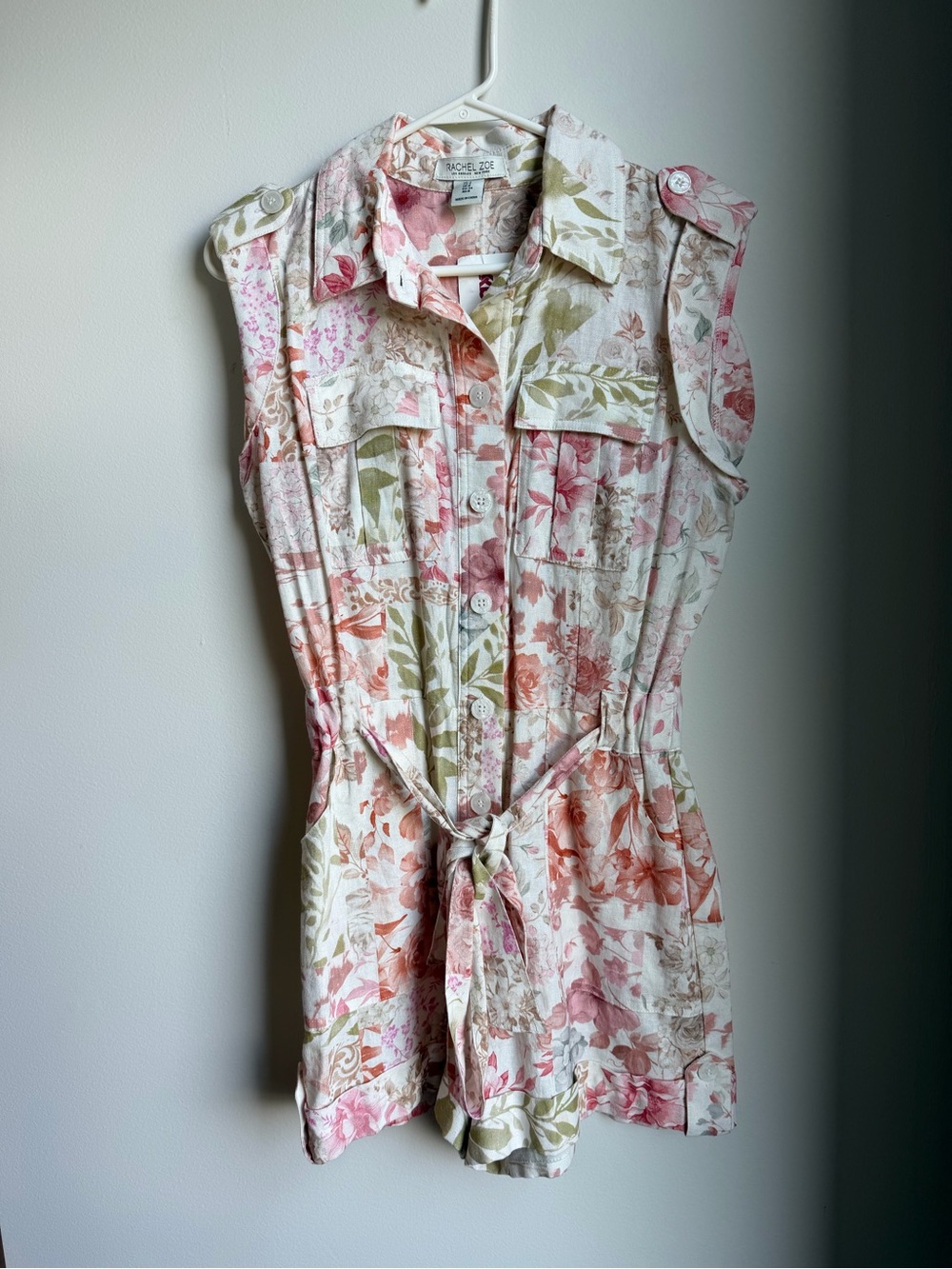 Rachel Zoe Pink & Green Floral Sleeveless Cargo Romper